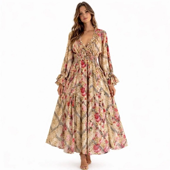 Free People Dresses & Skirts - Free People Floral Maxi Dress Natural Combo V-Neck Smocked Waist Small OB2097030